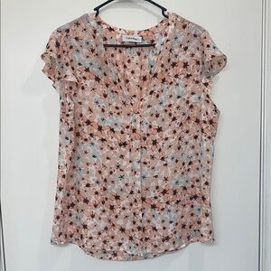 Calvin Klein Cream and Pink Ruffled Cap Sleeve Blouse